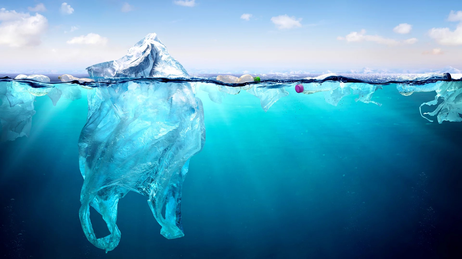 Foto von Plastiktüte, die im Wasser schwimmt. 